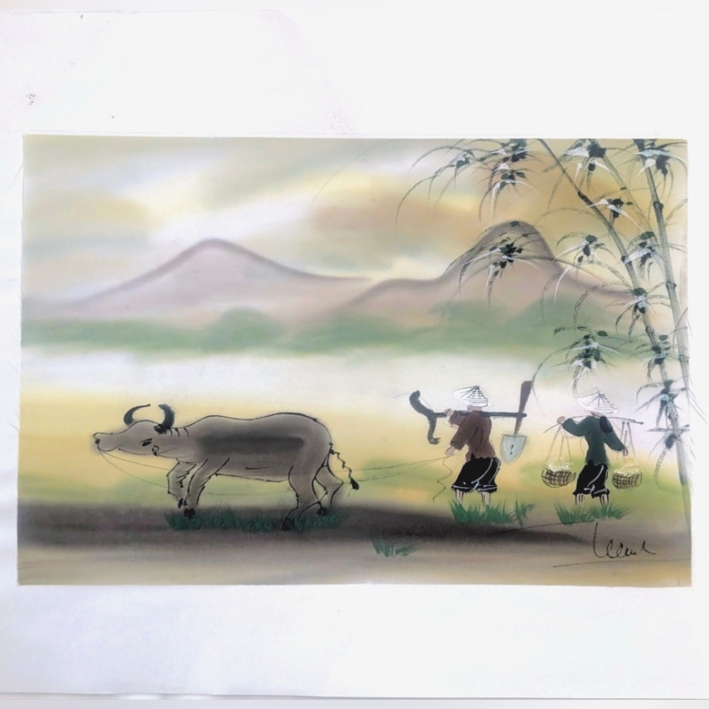 Vintage Asian Silk Painting – Farmers & Water Buffalo Mountain Scene – Signed